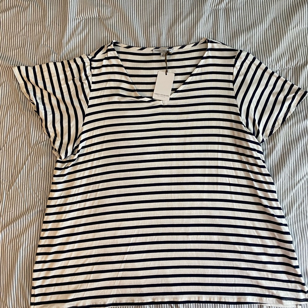 Navy blue and white flutter sleeve tee